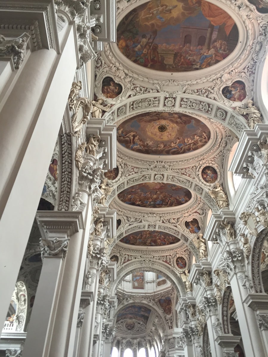 Ceiling at church where we heard an organ concert with the worlds largest pipe organ in Passau Germany