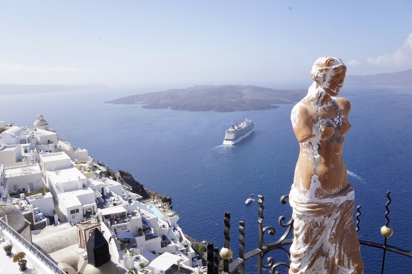 Best view of the cruise from a roof terrace in Fira Santorini
