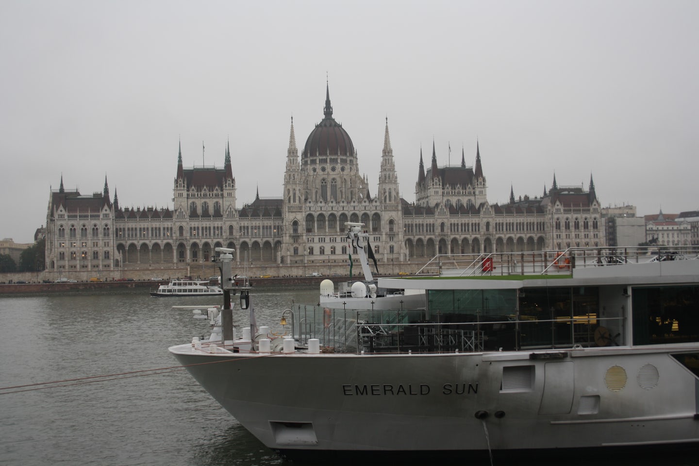 The Emerald Sun moored opposite the Hungarian Parliament in Budapest.