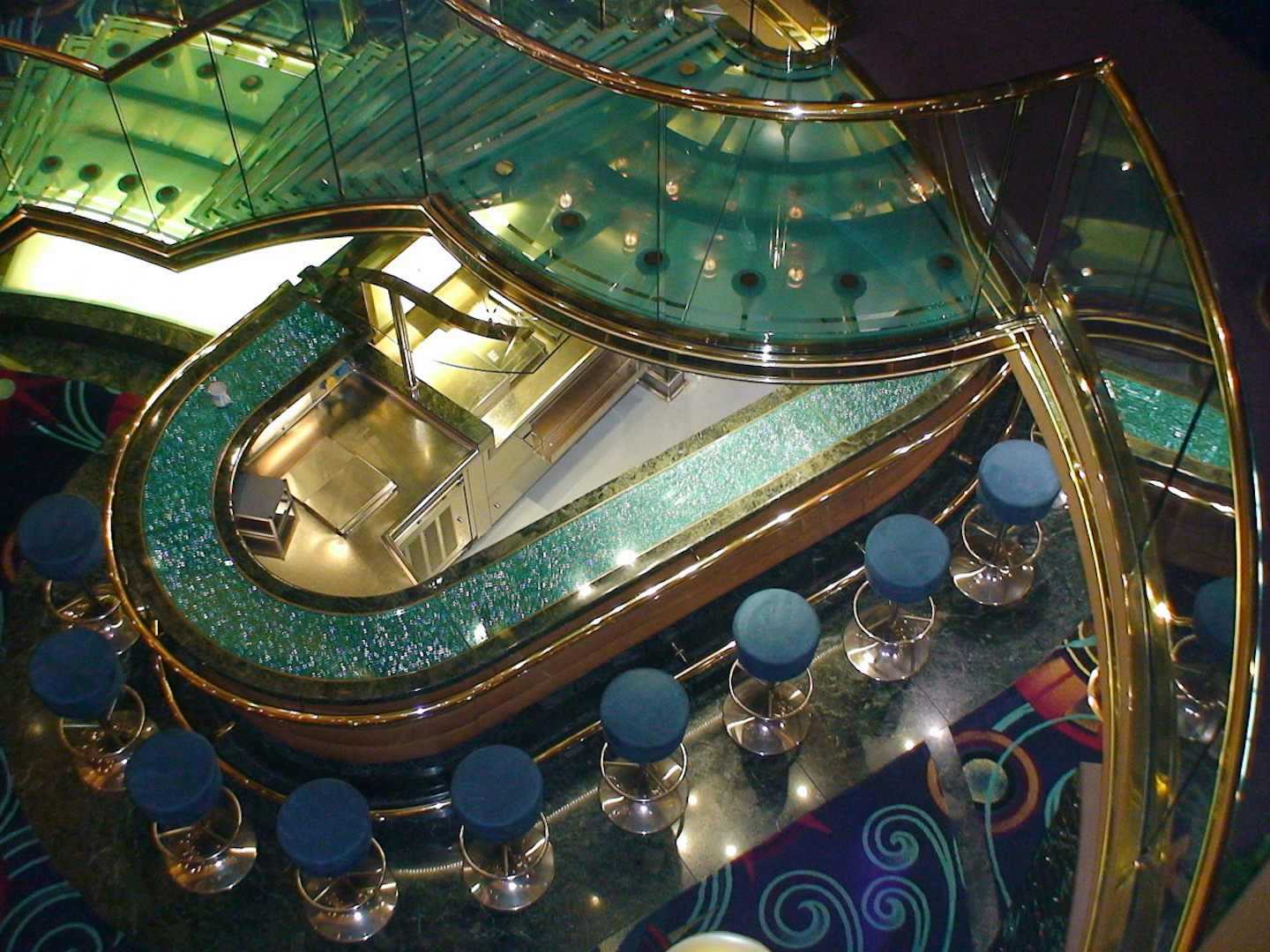 This is an abstract shot of the Ocean Bar in the Atrium from above the tran
