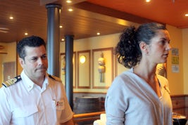 Ship officer and Amanda at Cruise Critics meeting