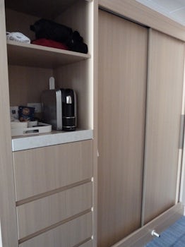Cabin closet, drawers, safe cupboard and coffee making shelf