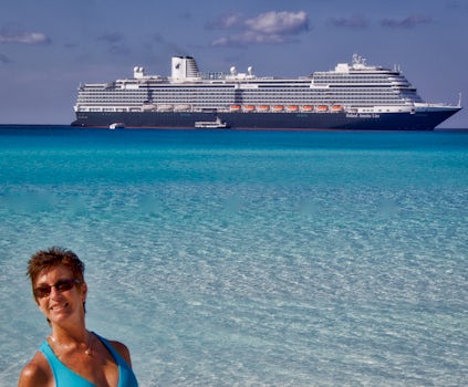 View of the ship from the beach on Half Moon Cay (private island).
