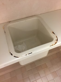 Rusted trashcan in the bathroom.
