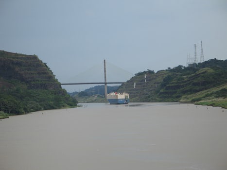 The continental divide at the Panama Canal with the Centennial Bridge beyon
