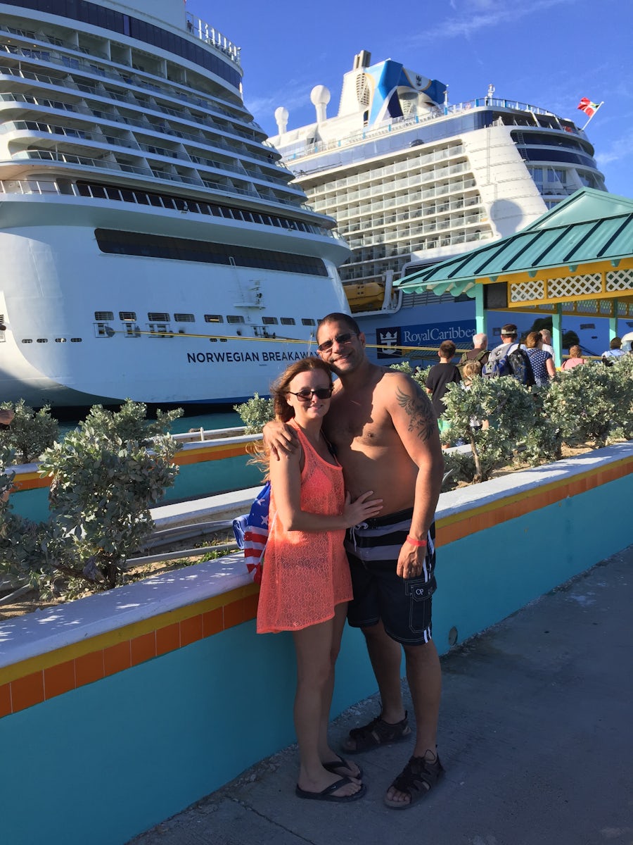 My husband and I posing in front of the breakaway at Nassau Bahamas.