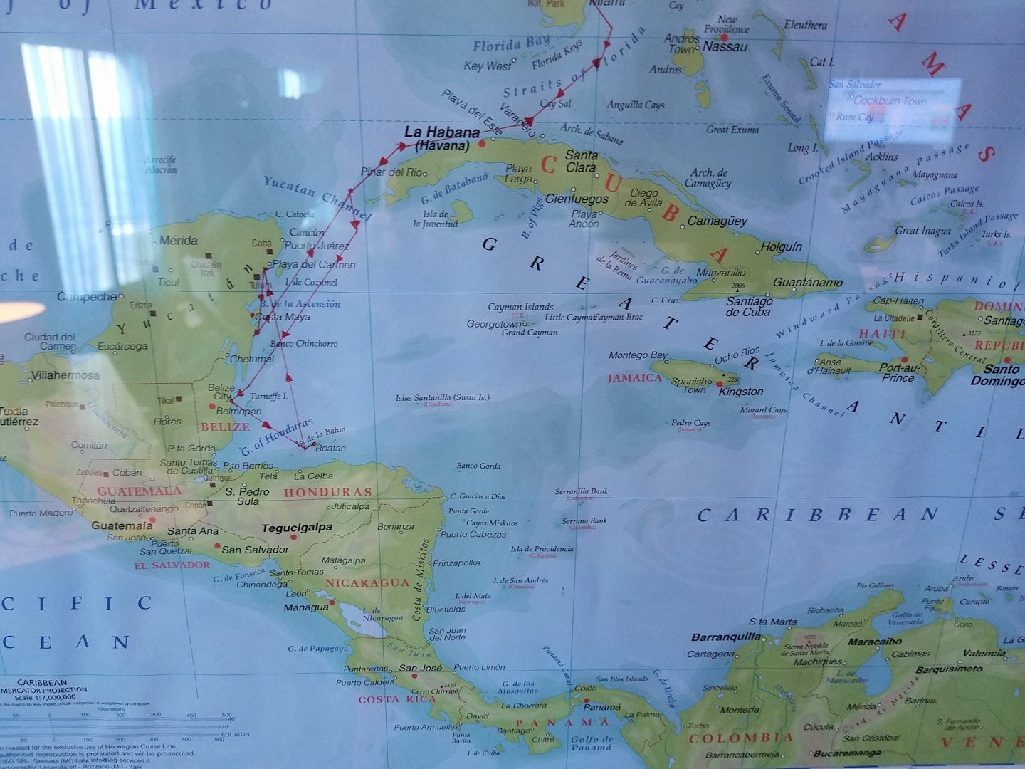 Route of our western caribbean itinerary. There was alot of chatter pre-cruise about the ports/dates changing. NCL; the communicative folks that they are, neglected to update or inform guest prior to embarking. Woke up one morning like, SURPRISE!!! Funny but not funny. If my excursions had been booked with a third party, it would have given me grief resolving the issue (while roaming).