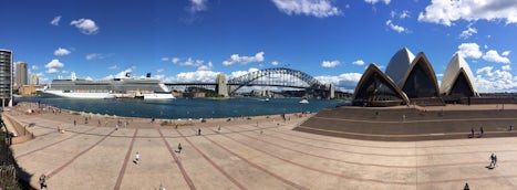 Panoramic shot that shows Sydney's iconic bridge, Opera House and the C