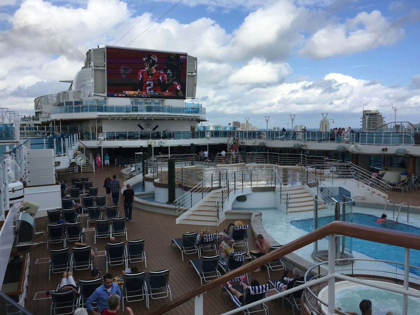 Lido deck pools and Jumbotron played sports and movies all day.