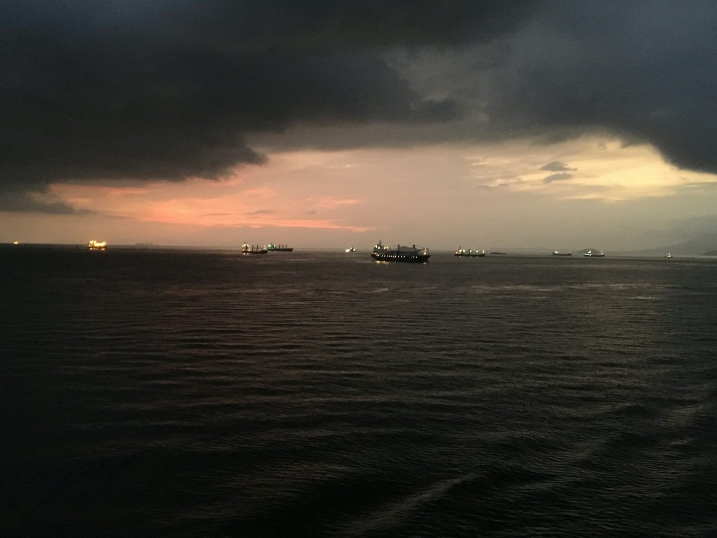 Ships waiting to pass east through the Panama Canal as night was falling.