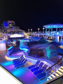 The outdoor pool deck at night, beautiful