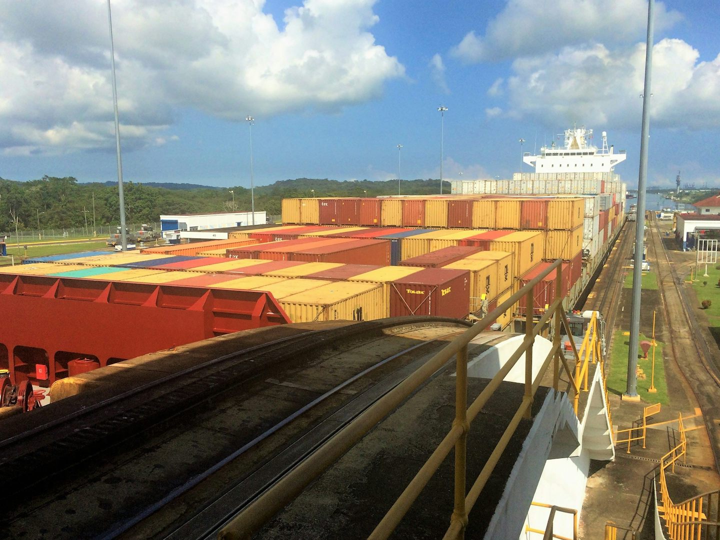 Cargo ship going through the Panama Canal as seen from the Gatun Locks.