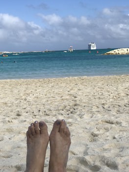 Enjoying a relaxing day on the beach after swimming with the stingrays in Coco Cay, Bahamas. Such a beautiful and peaceful day.