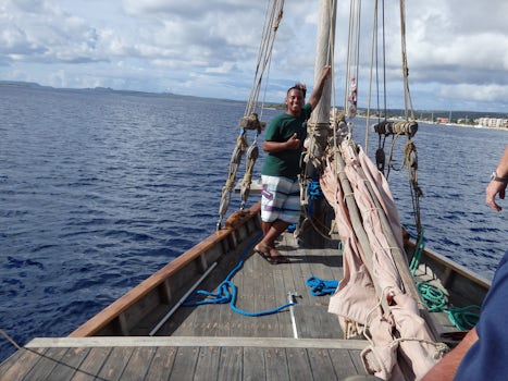 Sailing on a Samur Junk toward Klein Bonaire for snorkeling excursion