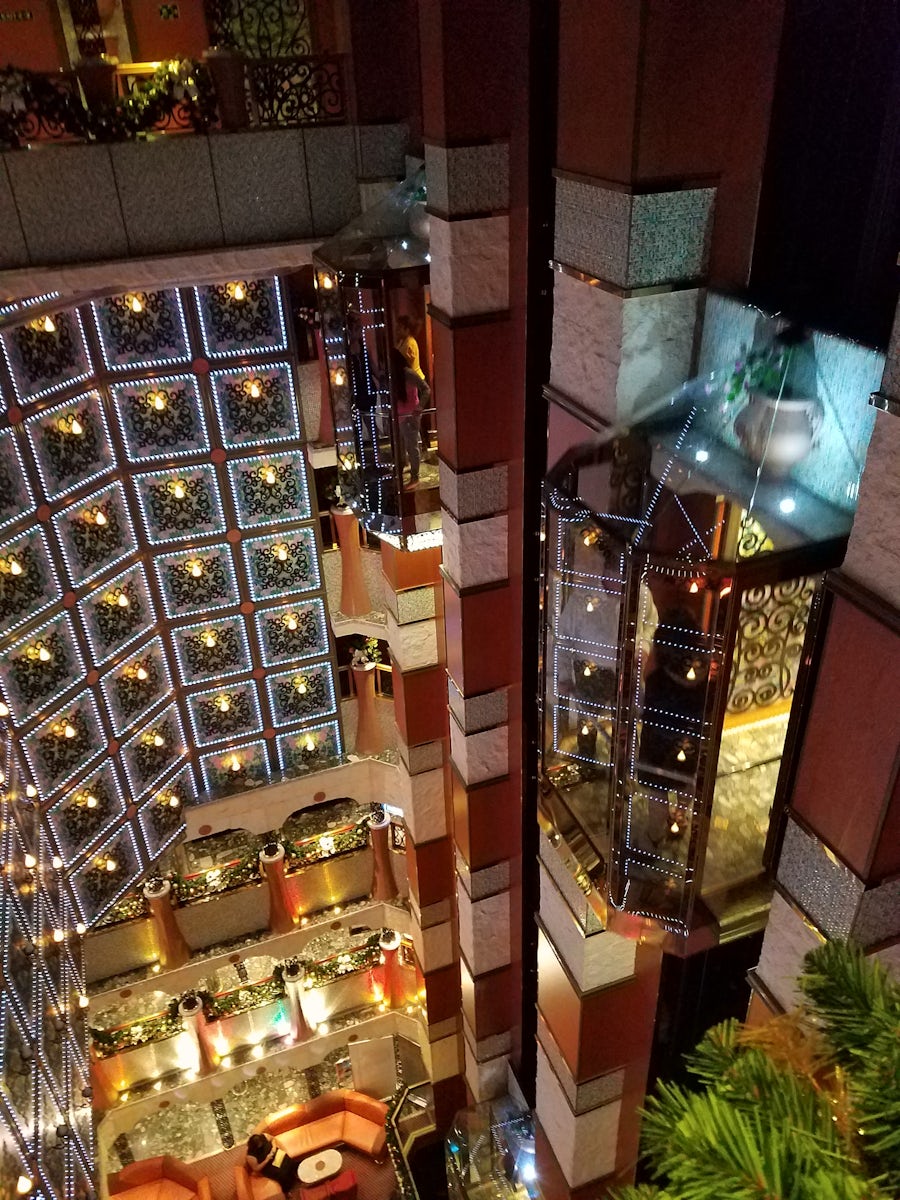 The ship atrium is beautiful. Changing colored bulbs in chandelier with glass dome elevators...beautiful...the ship is decorated beautiful and with the addition of all the bells and whistles for the holidays...we were impressed