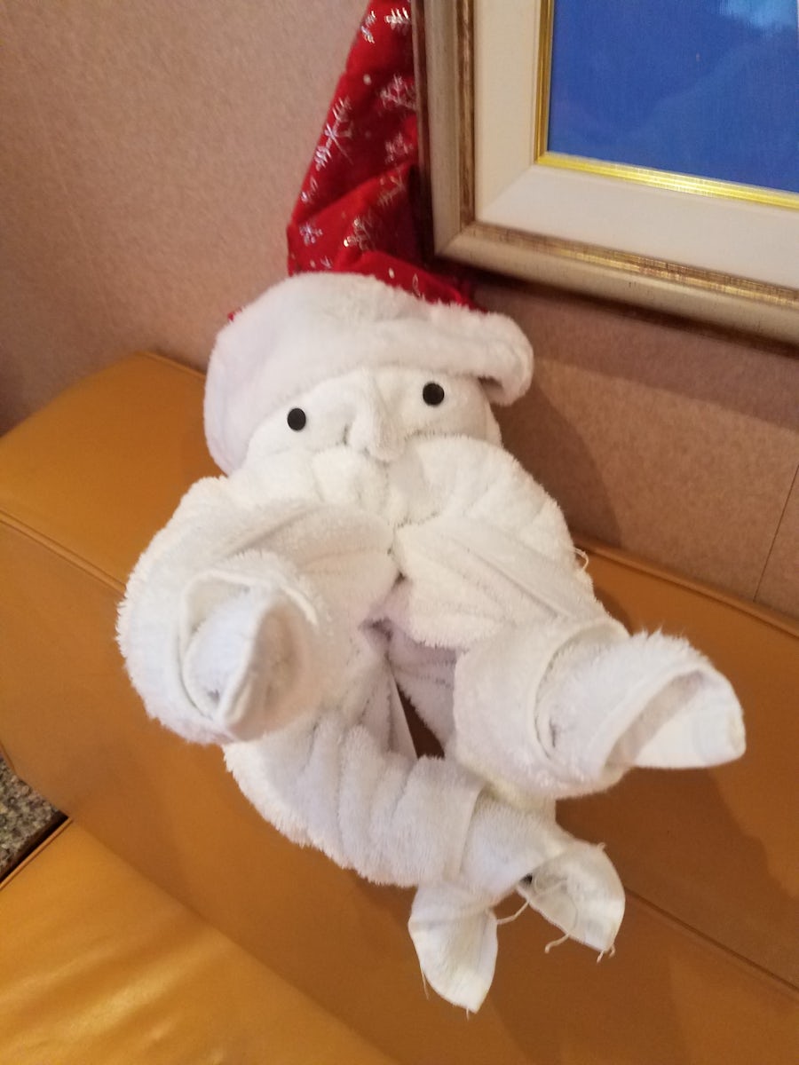 Our towel creations even had Christmas spirit. Again thanks Denis. Best cabin steward