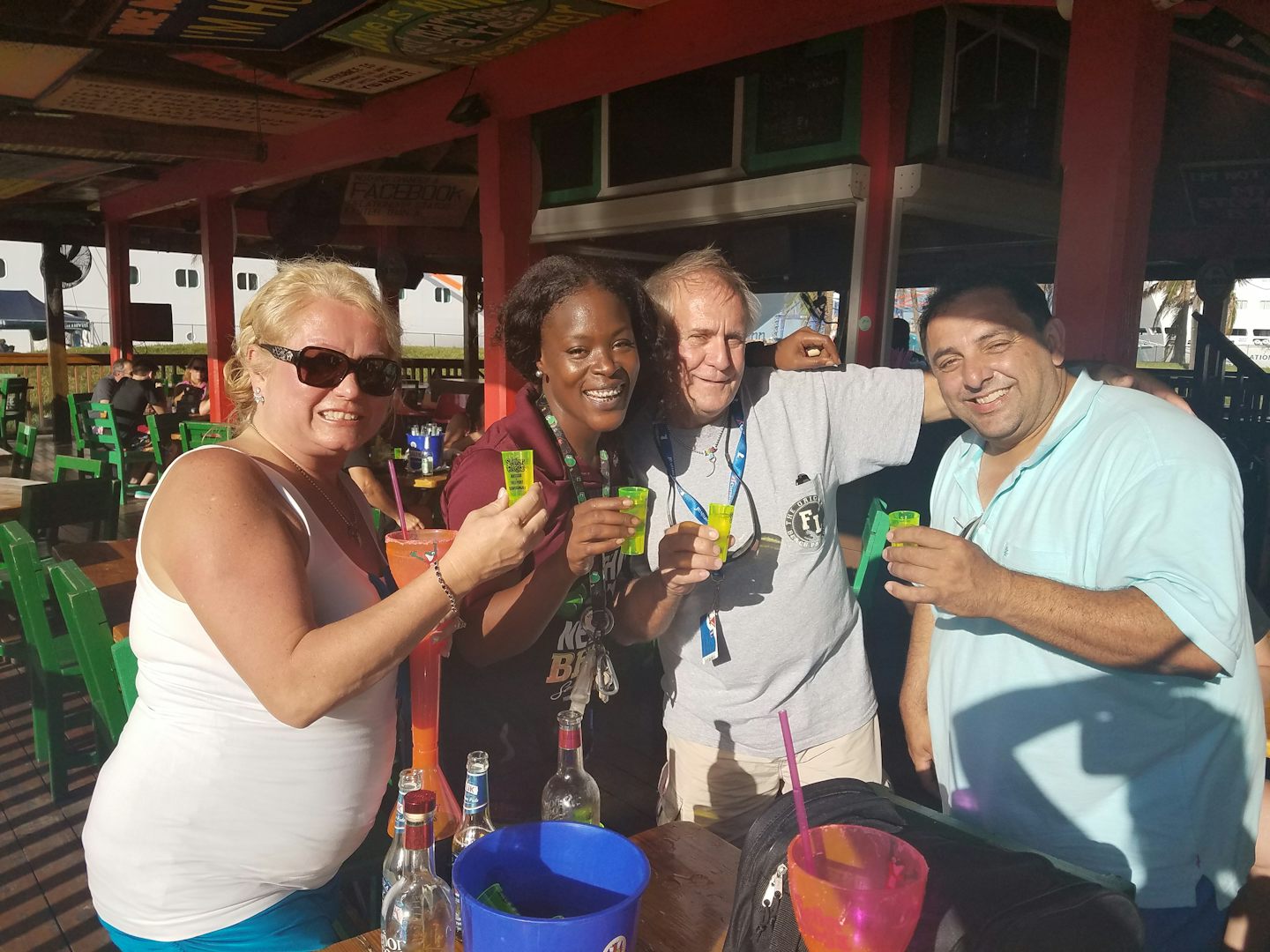 Fun. Food. Best drinks great times..best restaurant and party place if even for an hour before u board the ship after your Excursions..or u can just go here. Reading all their fun signs  dancing. Eating. Drinking. Fun for all ages senor frogs and fat tues. Freeport and nassau bahamas