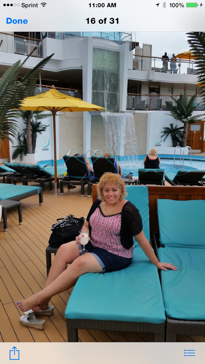 Sitting on the spa deck with pure piña colada in hand enjoying the amenities. Sunshine has updated amenities and an awesome spa desk and spa amenities. I enjoyed a massage, manicure, a health and fitness consultation, belly fat reduction class and sauna.  Robes and slippers to boot!!!