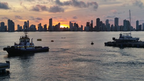 Sunset over Cartagena, Colombia, from the Promenade Deck (deck 3) on Nieuw Amsterdam.