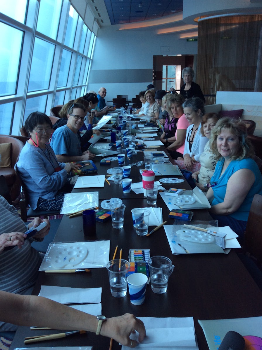 This is a watercolor class taught onboard over several days during the voyage from Ft. Lauderdale to Barcelona. We painted several different pictures, including an undersea scene, water lilies, a bouquet of poppies, animal life, and a landscape.