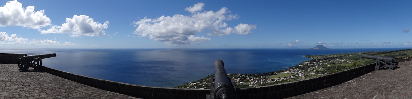 A Panorama from the top of Ft. Brimstone overlooking the ocean.  The fort had cannons completely around the entire fort protecting if from all sides.