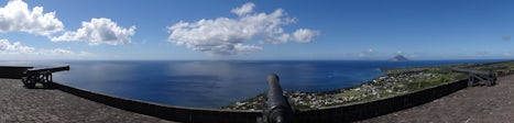 A Panorama from the top of Ft. Brimstone overlooking the ocean.  The fort had cannons completely around the entire fort protecting if from all sides.