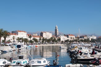 View of the marina next to the Diocletian Palace in Croatia.