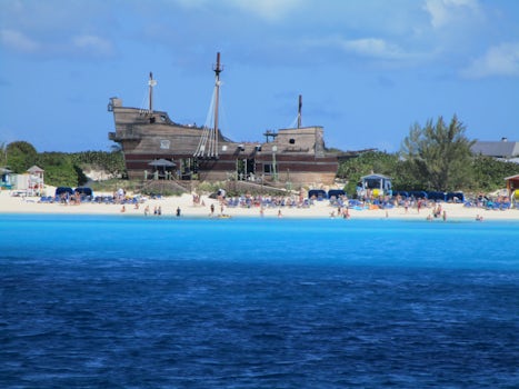 Pirate Ship at Half Moon Cay.  Beautiful day and FREE beach with plenty of lounge chairs and a FREE lunch buffet make this a perfect day off ship!