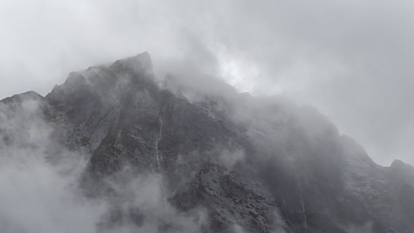 Milford Sound in New Zealand on a wet and cloudy morning. Beautiful despite the weather.