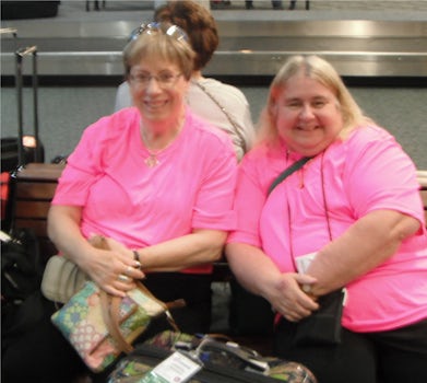 Pam and Joyce at Ft Lauderdale airport waiting for bus to ship on July 7, 2016