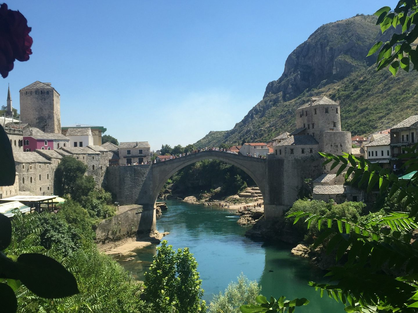 Old bridge in Mostar, Bosnia-Herzegovina seen on an all-day private tour by car with guide. Doable due to extended evening stay in port of Dubrovnik in Croatia.