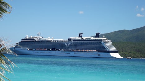 Celebrity Solstice at anchor off Mystery Island.
