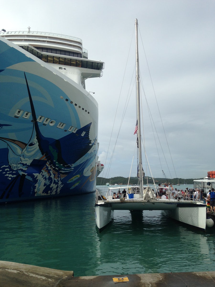 Photo of the Escape docked next to snorkeling tour catamaran.