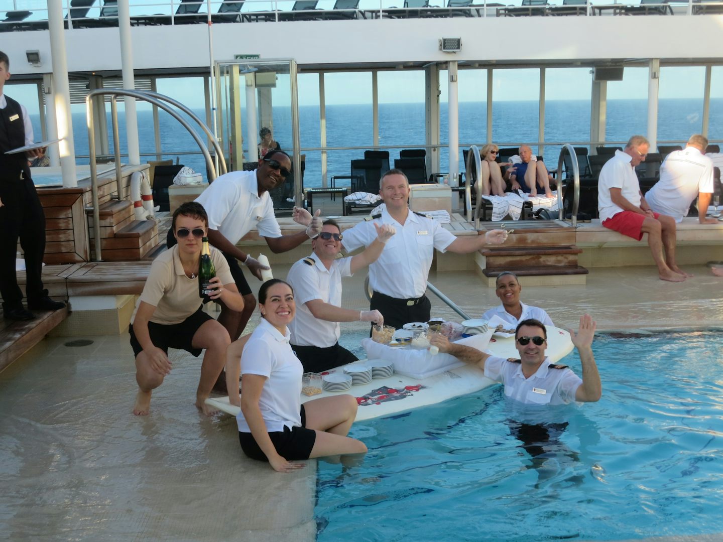 A Seabourn ritual.  Champagne & caviar on a surfboard for everyone!