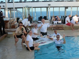 A Seabourn ritual.  Champagne & caviar on a surfboard for everyone!