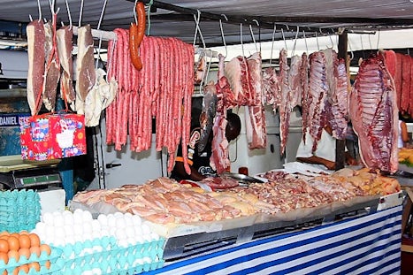 Outdoor market in Rio. Fresh meat vendor.