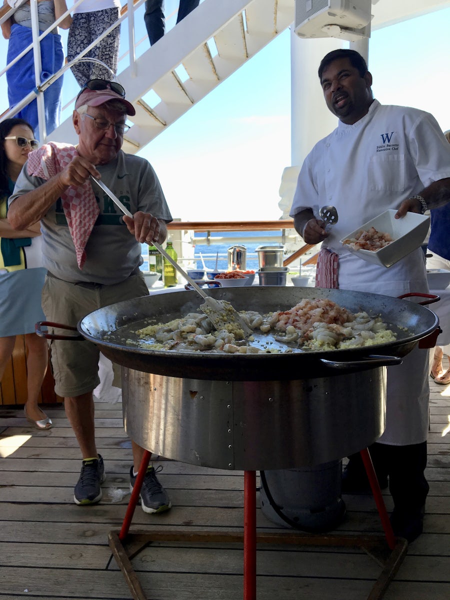 Cooking on the back deck of the Wind Surf with head chef, Eddy