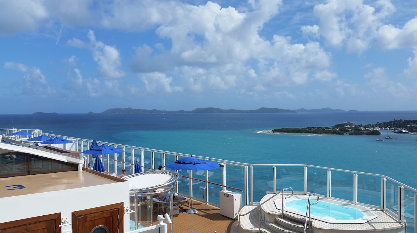 View from the ship while docked in Tortola, BVI overlooking one of the hot tubs and out of the bay