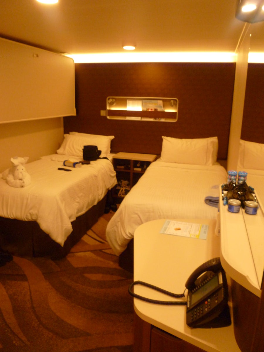 Inside stateroom (sleeps three), deck 10 fwd. Plenty of room for two people, quiet location off of the main hallway. Room steward was excellent in providing service and keeping the room clean (probably the best room steward of all the cruises I have been on)