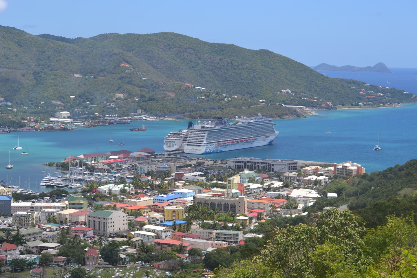 Overlook of both NCL Escape & NCL Spiritin Tortola on 3/16/2016. 
Beautiful Port & Lovely waters to play in.