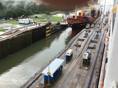 Container ship crossing the first lock