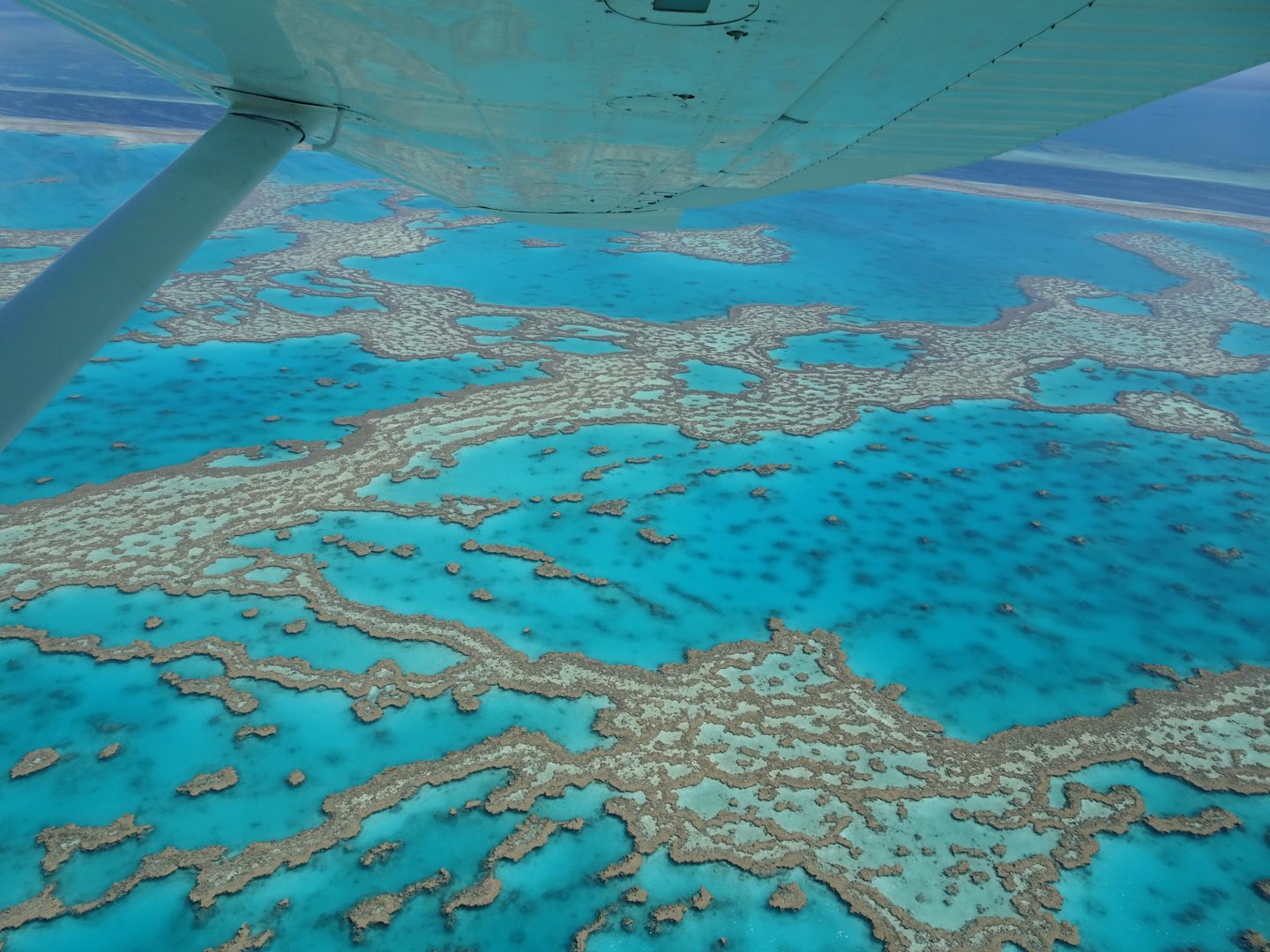 This is a view of the Great Barrier Reef taken from small airplane when ship was at Airlie Beach