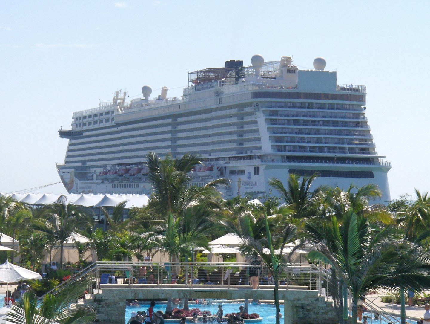 A view of the cruise ship from the second floor of Land Sharks Grill, it seems like its flying over the pool.