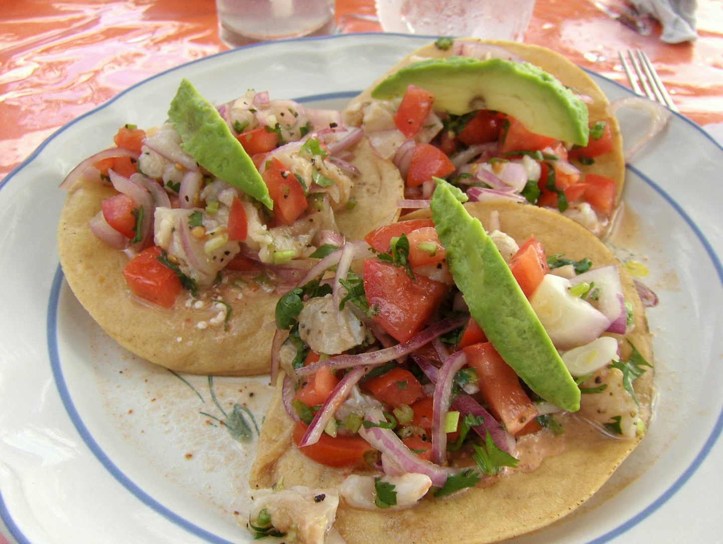 This was what my 3 ceviche tacos looked like from Caribbean Life at Costa Maya, served on the beach!