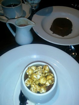 Dessert selections: Chocolate pannecota and popcorn flan