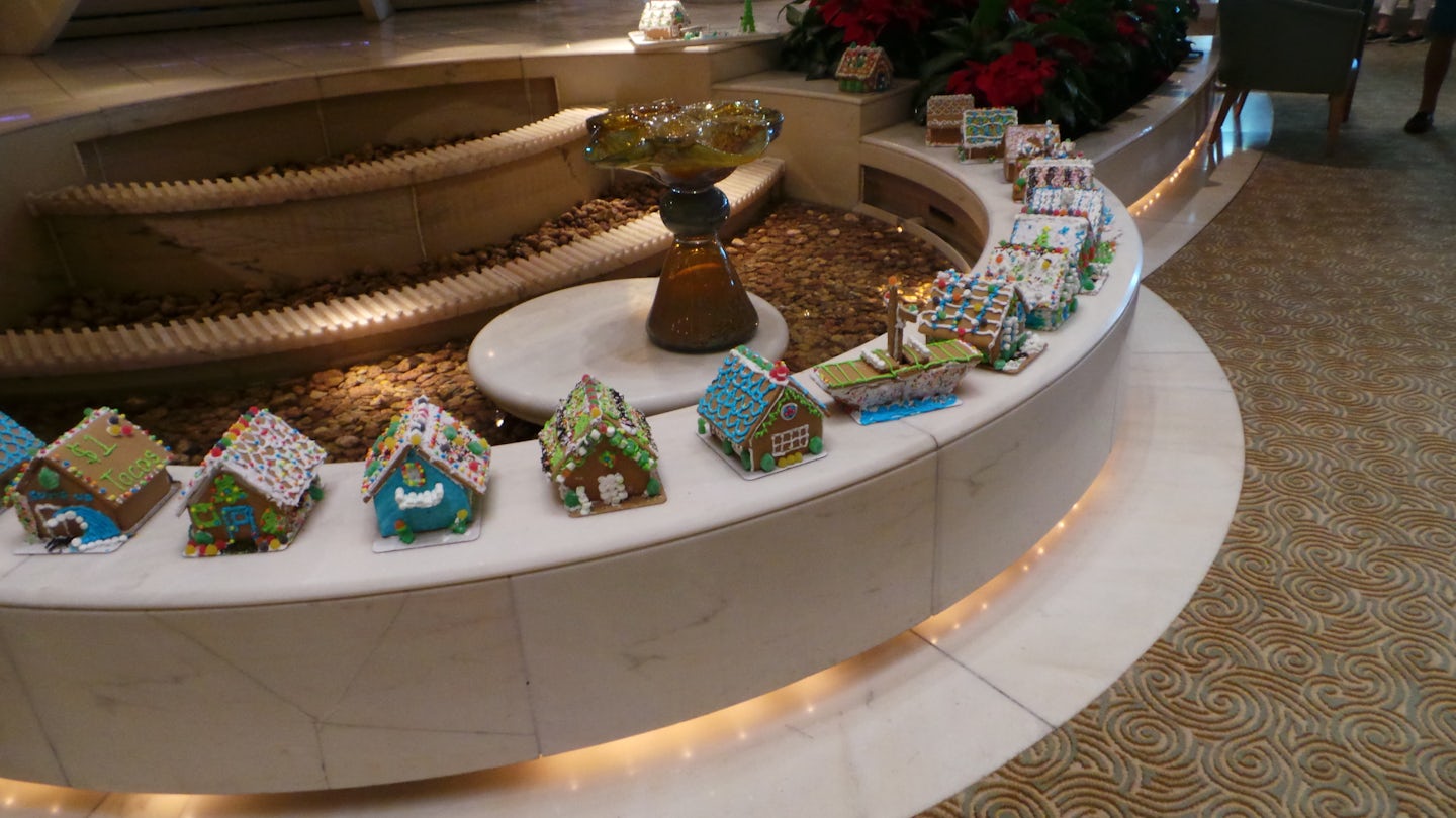 Gingerbread houses created by passengers on display in the atrium.