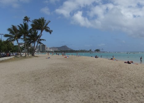 Ala Moana Beach Park view in Honolulu.  A short walk from the ship, a man m