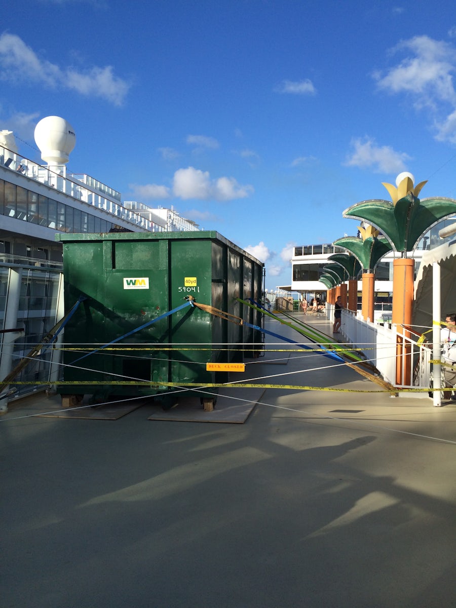 Dumpster for construction debris on deck 13.  Half of the deck was corded o