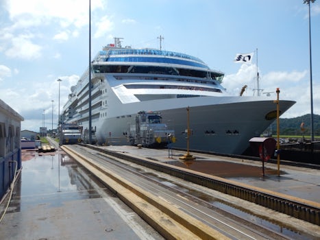 Coral Princess steadied by locomotives in the Panama Canal