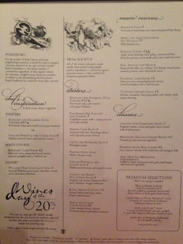 Sample menu from the main dining room.